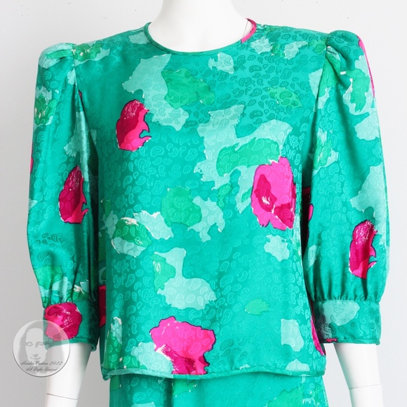 Flora Kung Blouse and Skirt 2pc Set Silk Abstract Floral Print Vintage 80s Sz 8 - Picture 5 of 10